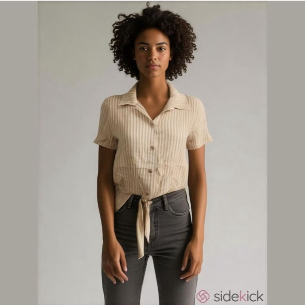 Anthropologie The Good Jane Striped Tie-Front Shirt - Beige/White Sz S